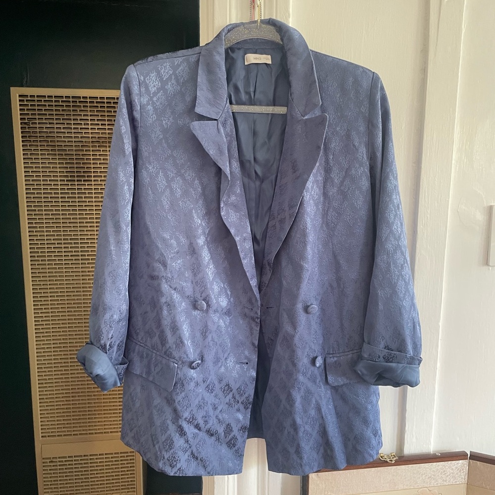 Mango satin Textured Blue Blazer